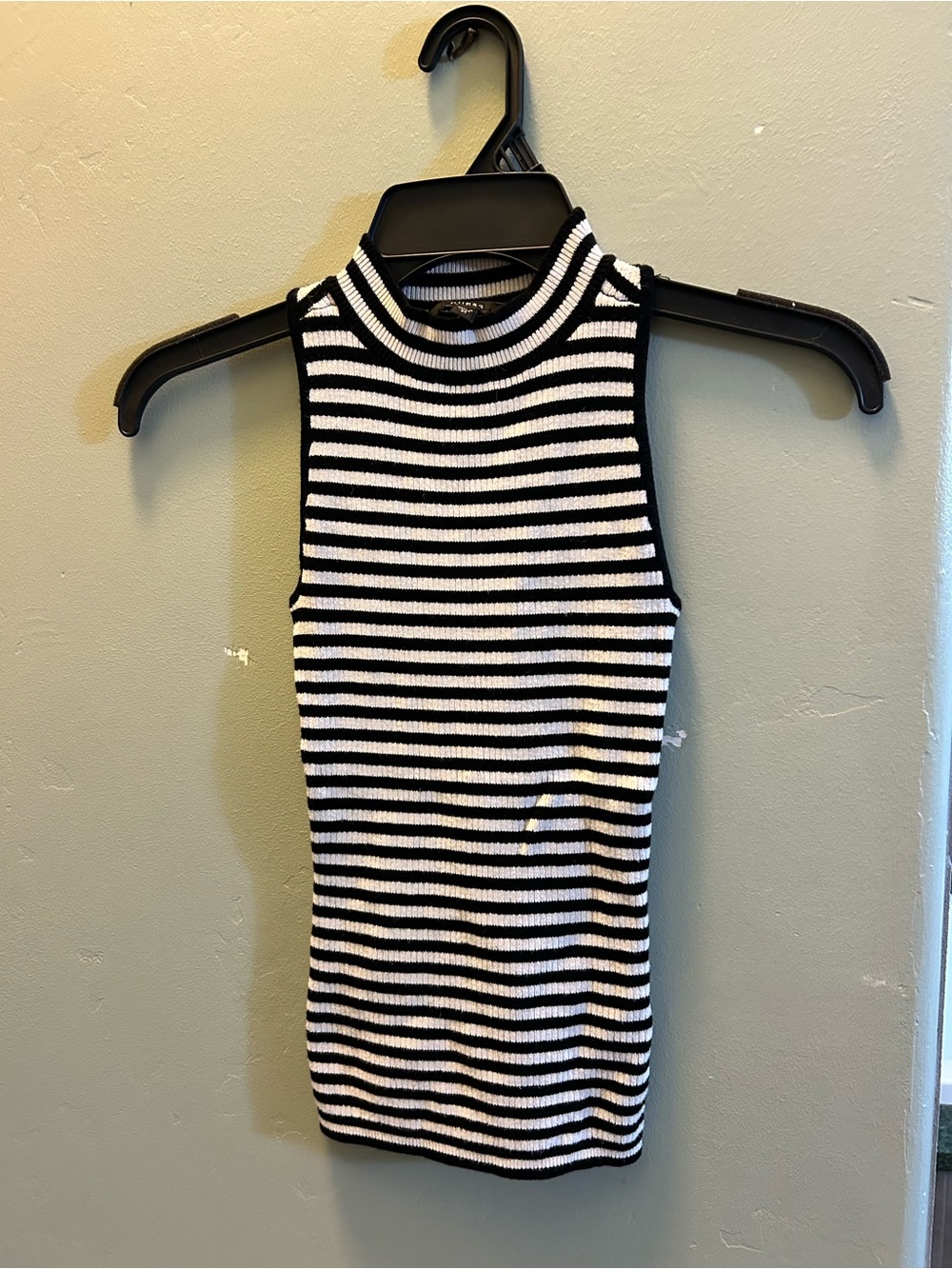 Guess Sleeveless Black & White Striped Mock Neck Ribbed Tank Top